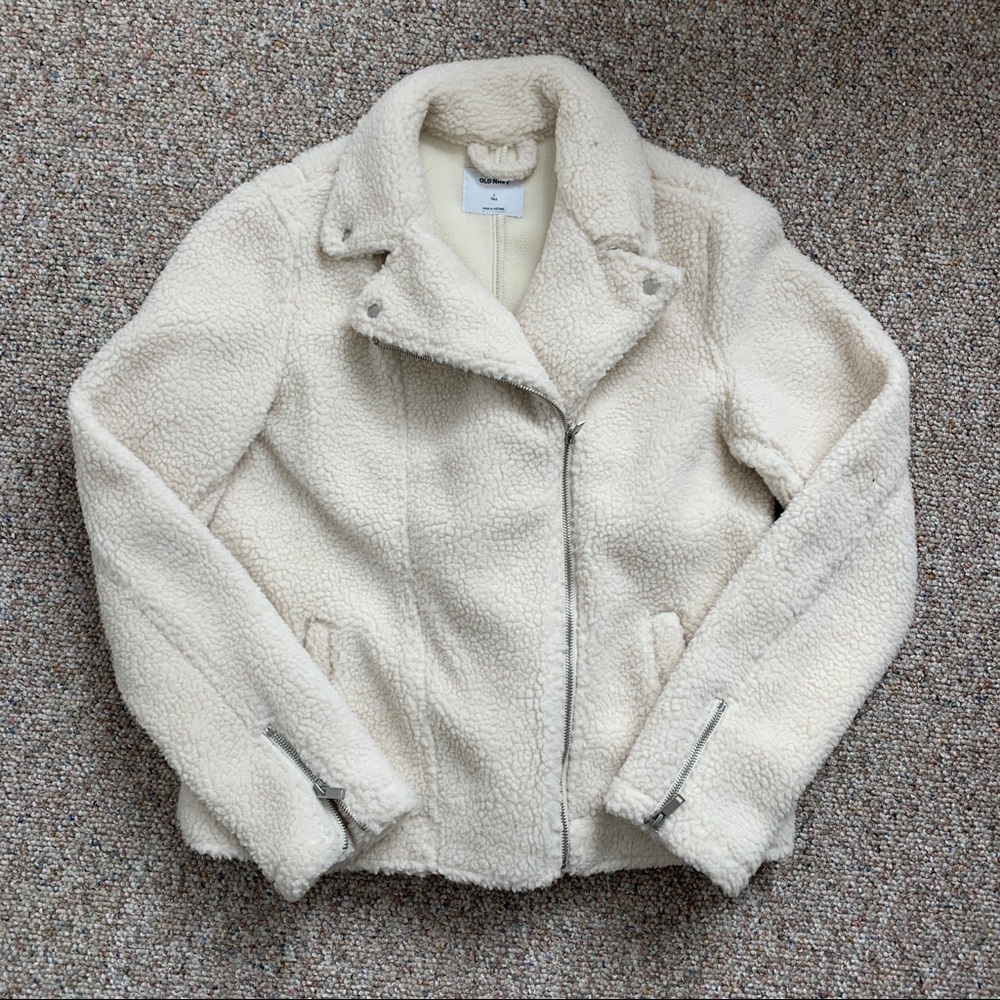 Old Navy white teddy moto jacket large tall